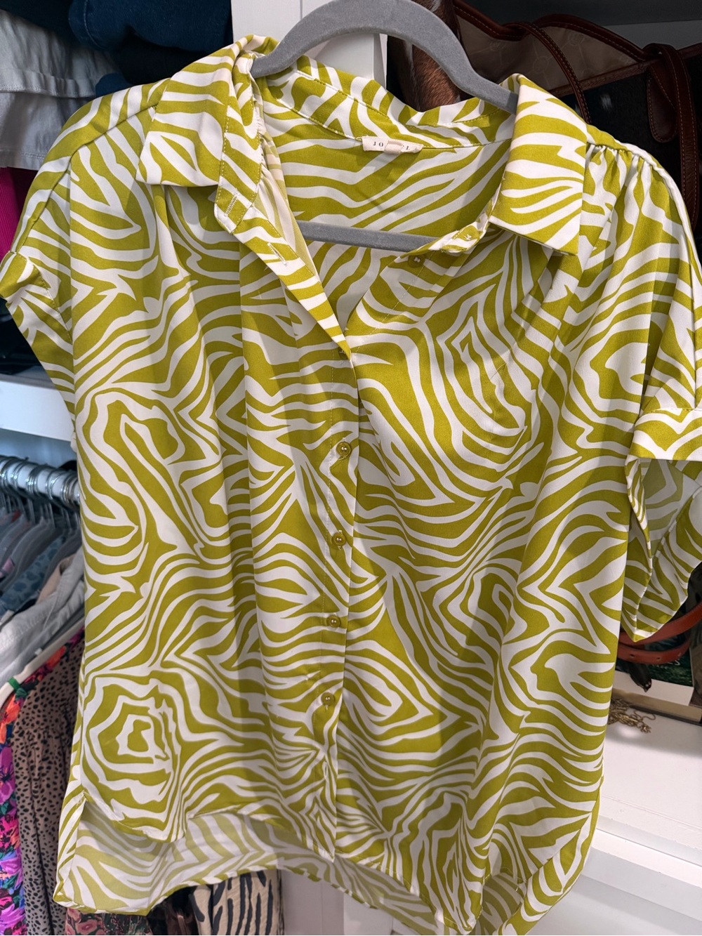 JODIFL Short-Sleeve Button-Front Top in Lime Green and White Zebra Print